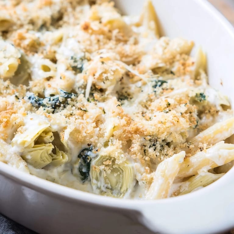 Freshly baked Artichoke Pasta Bake with golden, bubbly crust, showing tender pasta ribbons, vibrant green spinach, and savory artichoke pieces in a creamy sauce.