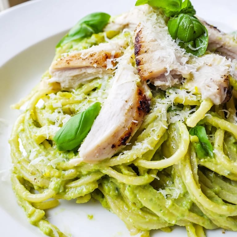 Vibrant green avocado sauce coats al dente spaghetti and grilled chicken in this creamy avocado chicken pasta dish.