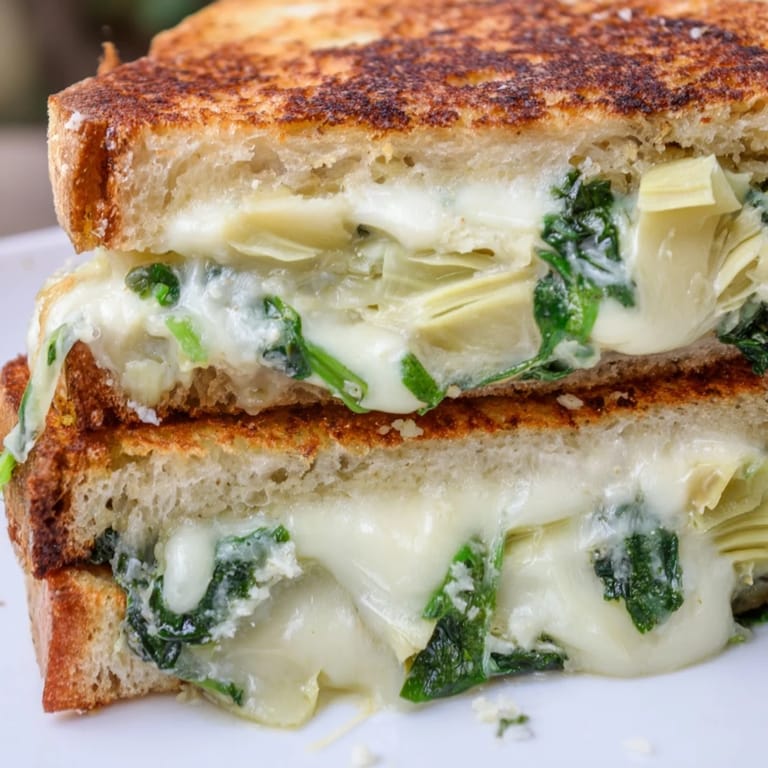 Serve this Artichoke Spinach Grilled Cheese with a steaming bowl of tomato soup for a cozy vegetarian meal.