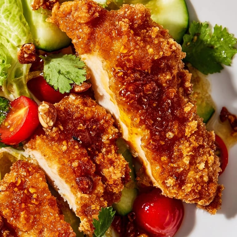 Crispy Hot Honey Chicken Salad with crunchy seeds and fresh herbs, served on a white plate for lunch.