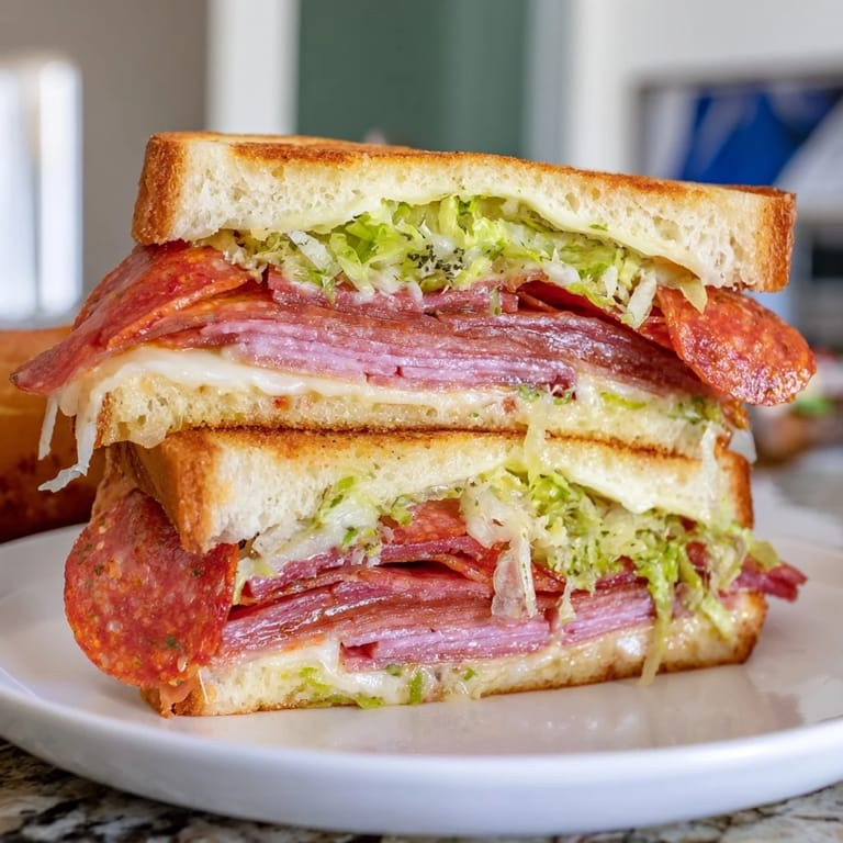 Hearty Italian Sub Grilled Cheese sandwiches sliced in half, revealing a colorful filling of shredded lettuce and tangy dressing tucked between the meats and cheese.