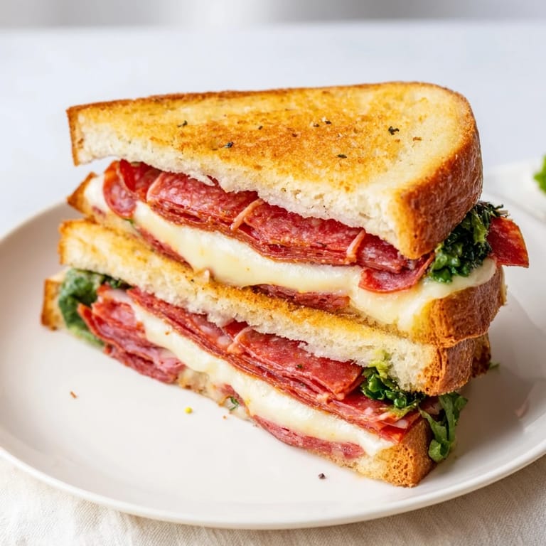 Perfectly grilled Italian Sub Grilled Cheese resting on a checkered board, steam rising from the crispy crust and melty Italian cold cuts inside.