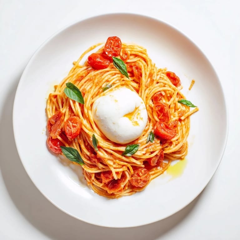 A vibrant bowl of burrata caprese pasta featuring juicy tomatoes, basil, and creamy melted burrata cheese.