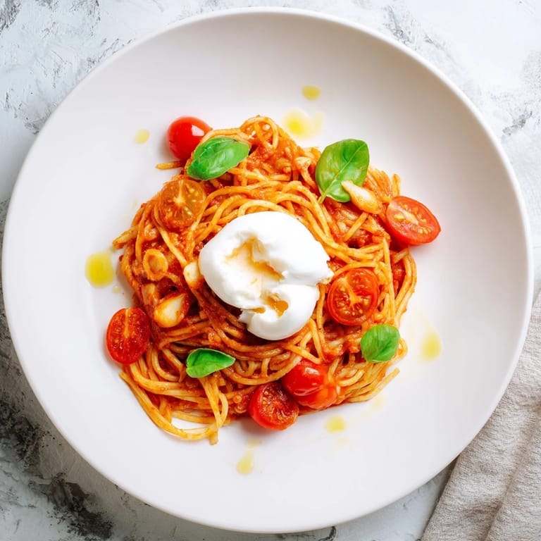 Close-up of burrata caprese pasta with a torn burrata ball and basil garnish on a rustic table.