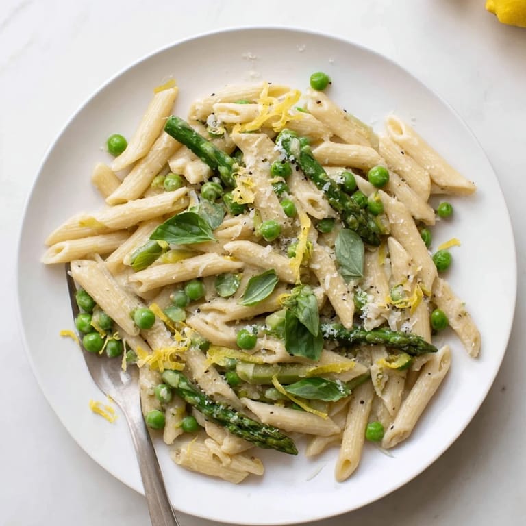 A close-up of Garlic Parmesan Spring Vegetable Pasta, garnished with fresh basil and grated Parmesan cheese.