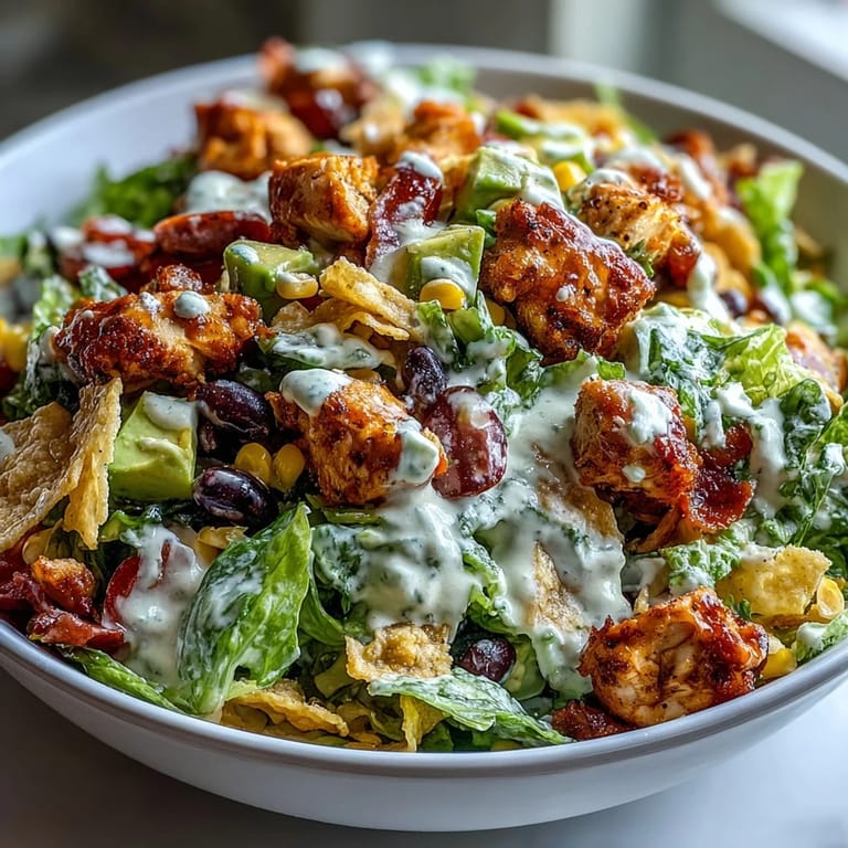 Serving bowl of Chicken Taco Chopped Salad garnished with crushed chips, red onion, and a generous drizzle of salsa ranch.
