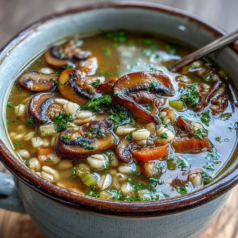 A close-up of mushroom and barley soup in a rustic bowl, garnished with fresh parsley and served with crusty bread.