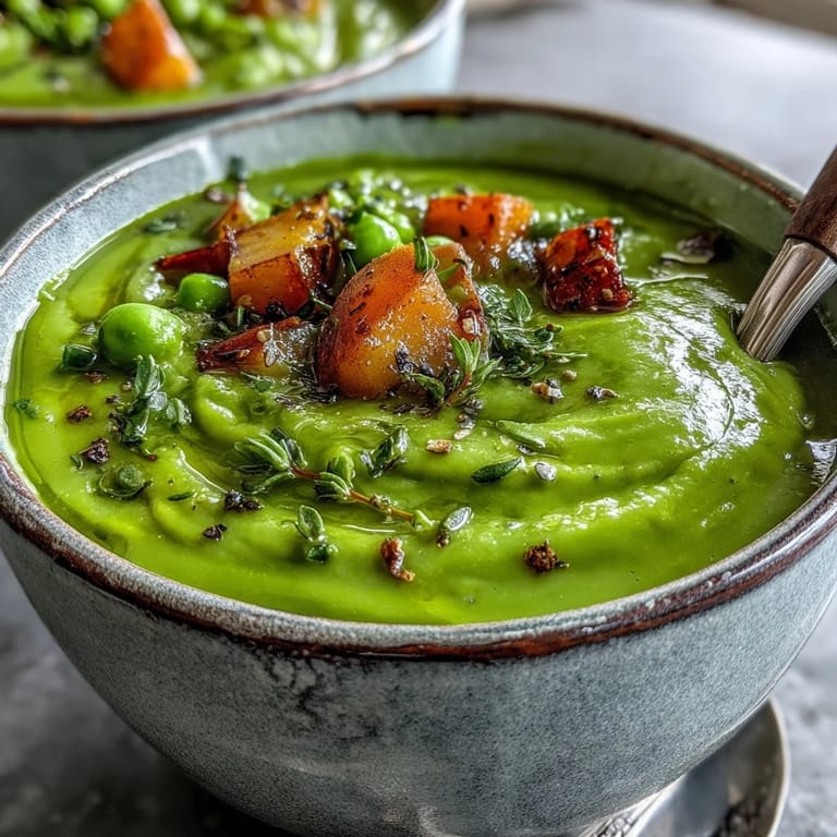 Thick, savory Split Pea Soup with visible chunks of carrot and potato, steaming gently in a rustic ceramic bowl.