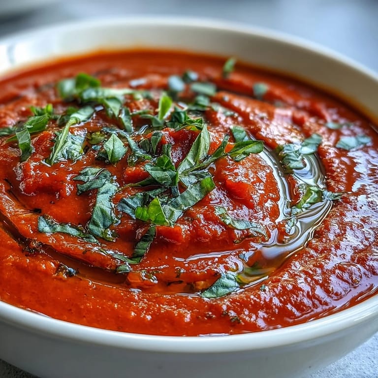 A close-up of velvety Tomato and Basil Soup garnished with fresh basil and olive oil.