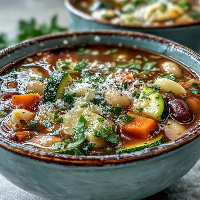Hearty Minestrone Vegetable Soup simmering in a large pot, brimming with colorful carrots, zucchini, and green beans.