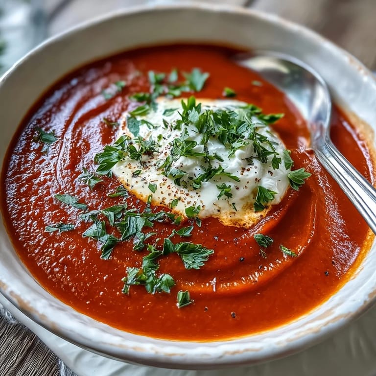 Silky smooth roasted red pepper soup served hot, with crusty bread on the side for dipping.  
