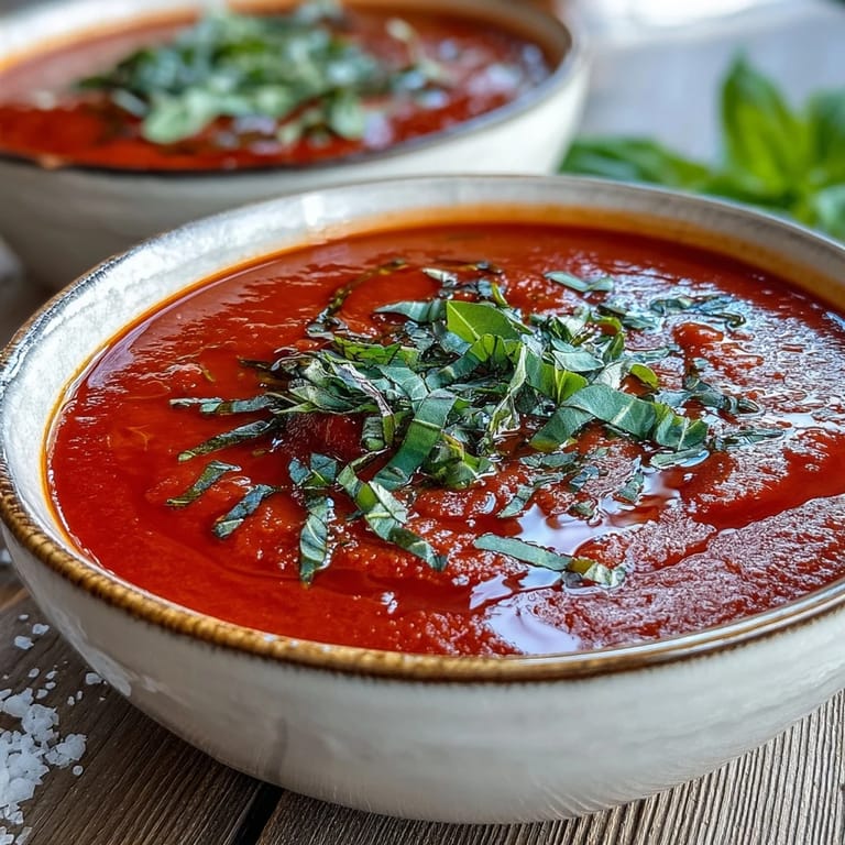 A bowl of velvety tomato and basil soup next to a grilled cheese sandwich for dipping.
