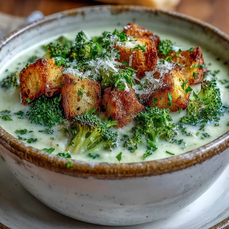 Freshly blended cauliflower and broccoli soup in a rustic pot, garnished with crunchy croutons and thyme sprigs.