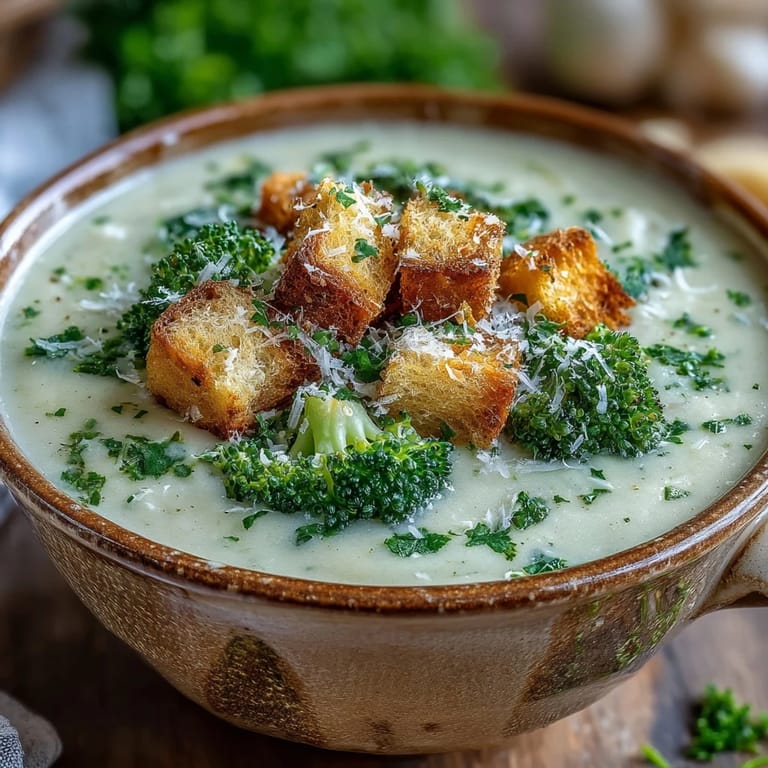 Spoon dipping into creamy cauliflower and broccoli soup beside crisp croutons and a sprinkle of grated Parmesan.