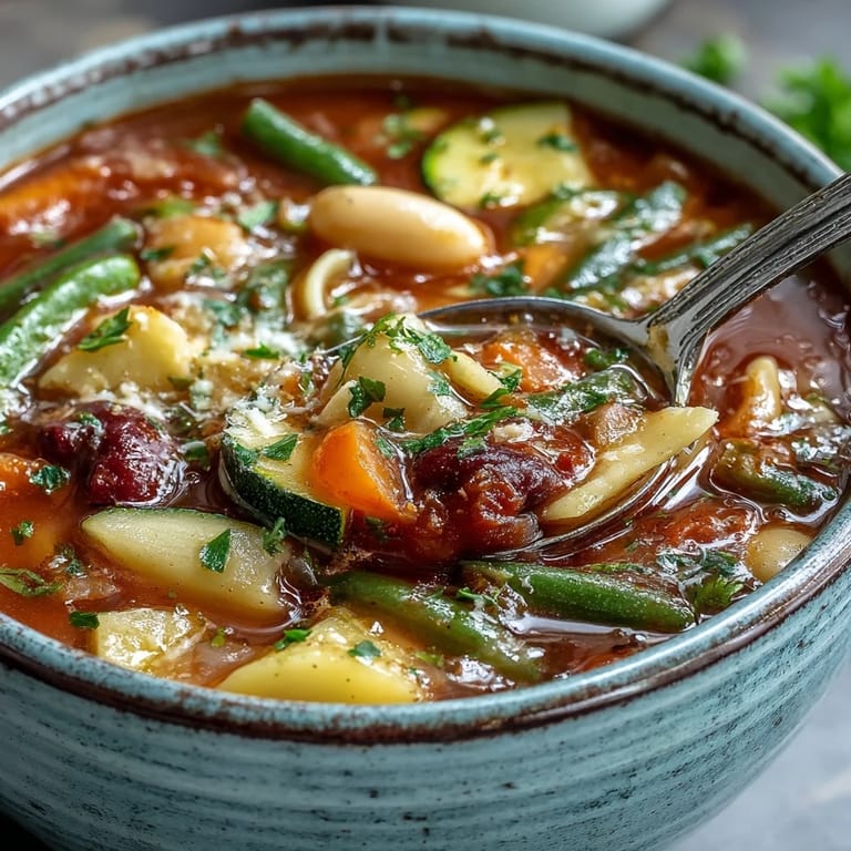 Overhead view of a large pot filled with Minestrone Vegetable Soup, featuring zucchini, carrots, and cannellini beans in broth.