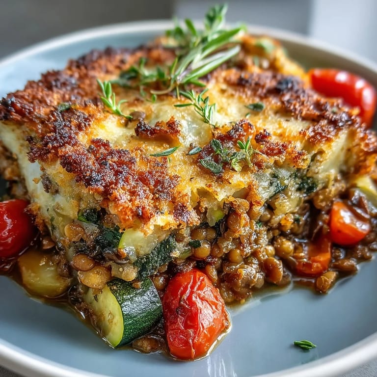 A rustic serving of Green Lentil and Vegetable Casserole on a plate alongside a crisp salad.