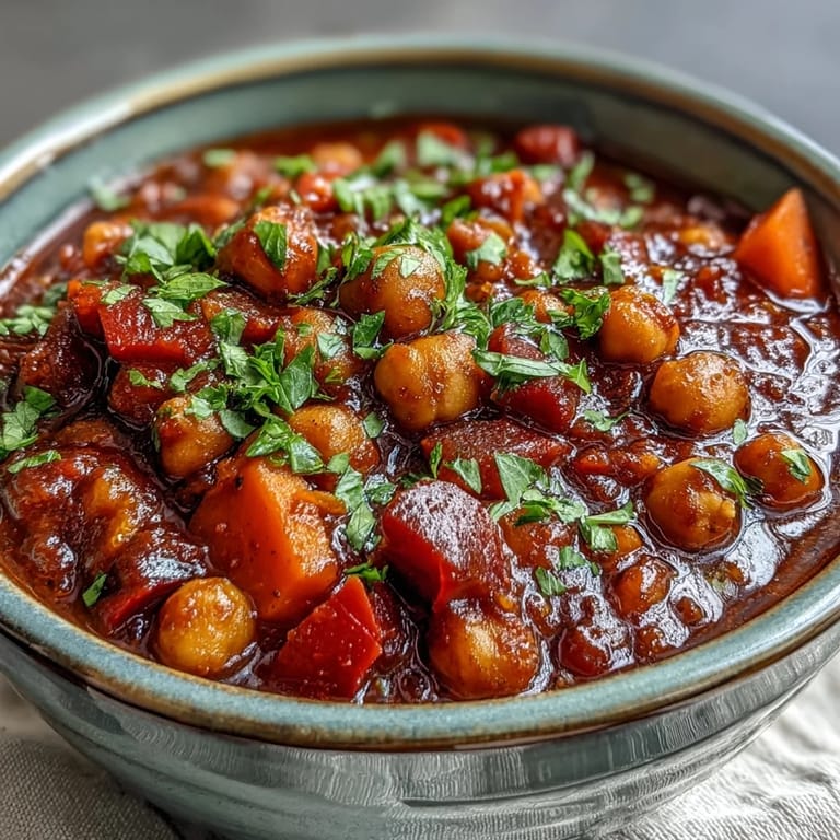 Steamy pot of Spicy Chickpea Stew with visible carrots and chickpeas, ideal for a cold rainy evening.