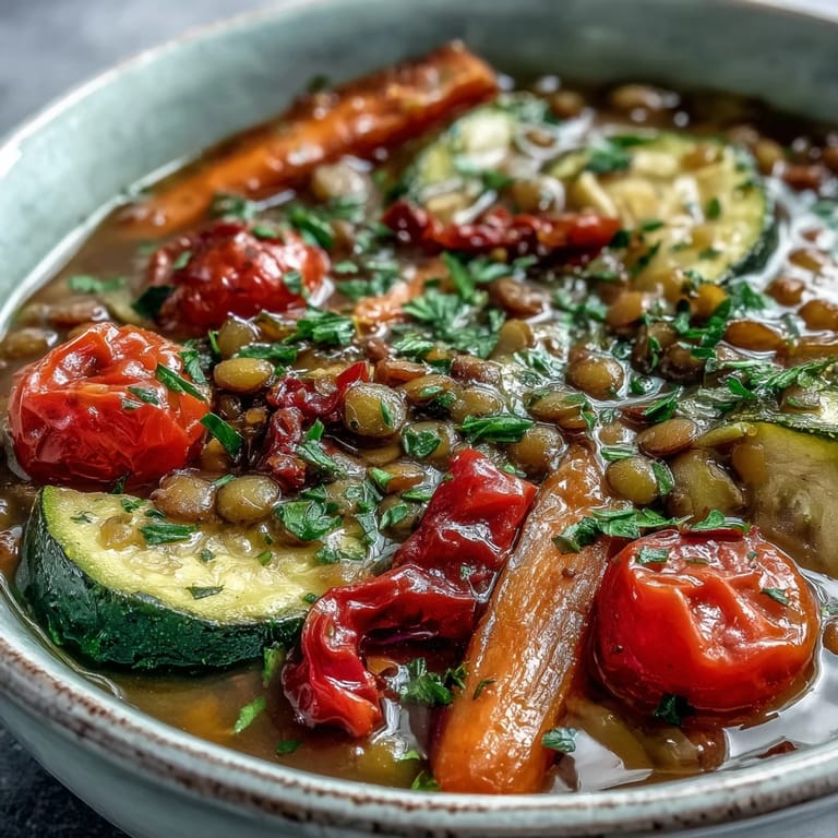 Top-down view of colorful roasted vegetables and lentils in a pot of Lentil and Vegetable Soup, ready to serve.