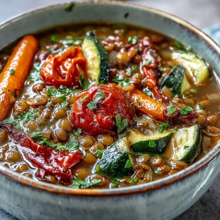 A comforting bowl of Lentil and Vegetable Soup, featuring tender lentils and carrots, accompanied by a slice of crusty bread.