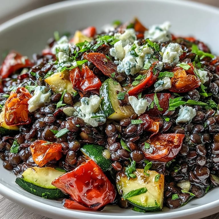 A hearty bowl of Black Lentil Salad with feta, pumpkin seeds, and lemon dressing.