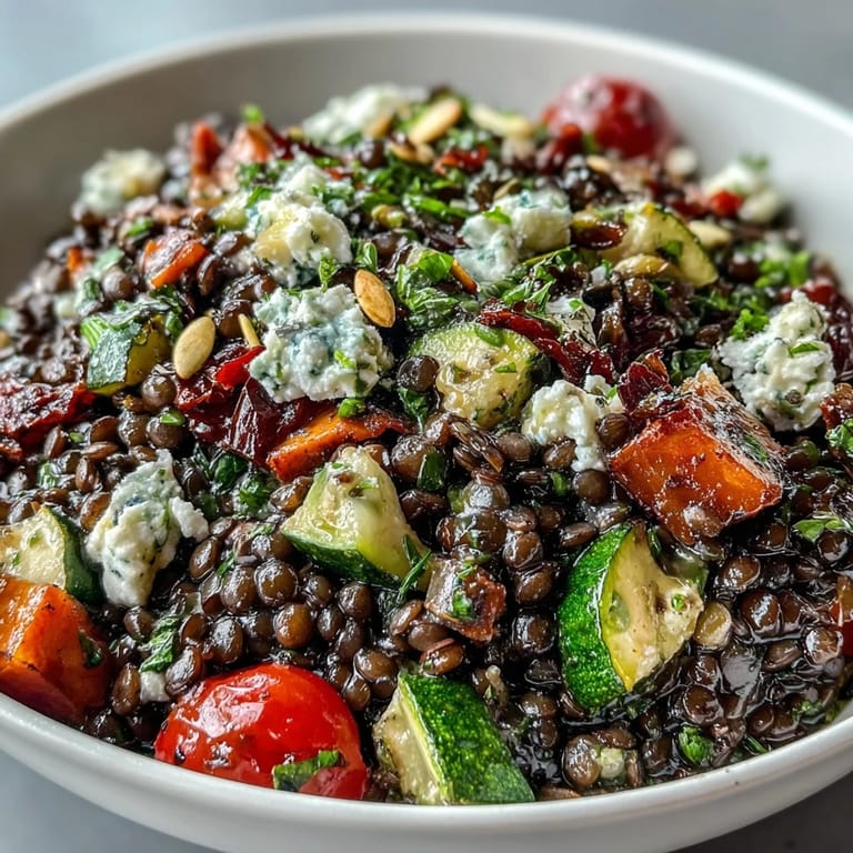 Spoon-ready Black Lentil Salad featuring caramelized roasted vegetables and fresh parsley on a rustic table.