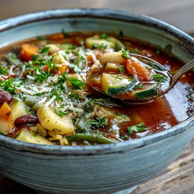 Steaming bowl of homemade Minestrone Vegetable Soup garnished with fresh parsley and grated Parmesan, perfect for a cozy lunch.
