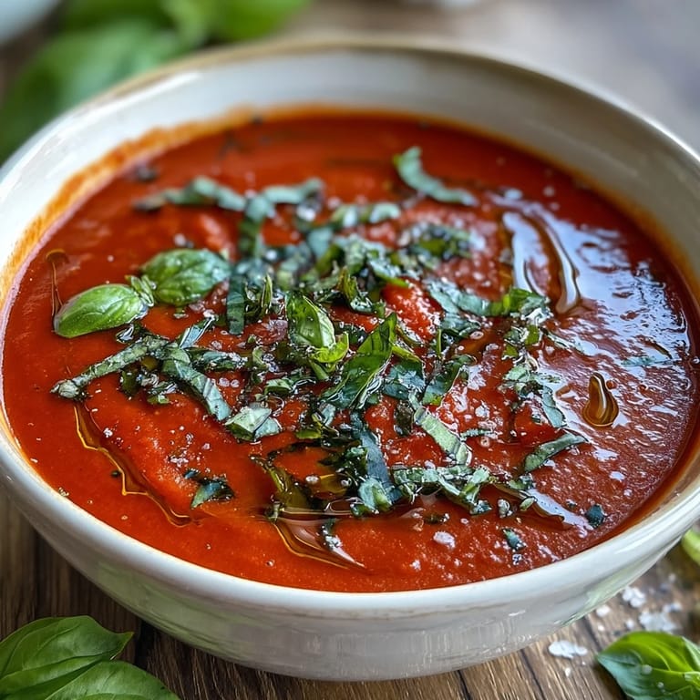 Smooth, homemade tomato and basil soup garnished with basil and black pepper in a rustic bowl.
