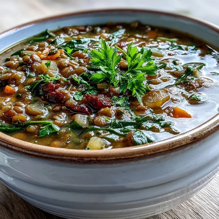 A pot of simmering lentil soup is ladled into a rustic bowl, garnished with fresh parsley and lemon wedges.