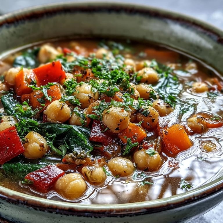 Close-up view of a serving of Chickpea Stew featuring tender chickpeas, wilted spinach, and rich tomato broth.