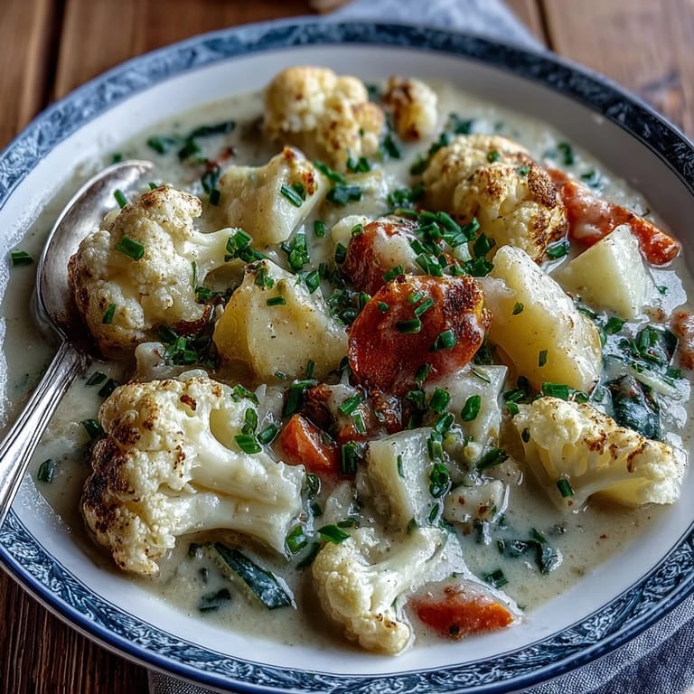Close-up of homemade Vegetarian Cauliflower Chowder with tender potatoes, carrots, and crusty bread for dipping.