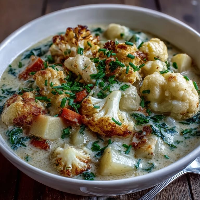Rustic pot of wholesome Vegetarian Cauliflower Chowder served in a mug, perfect for cozy weeknight dinners.
