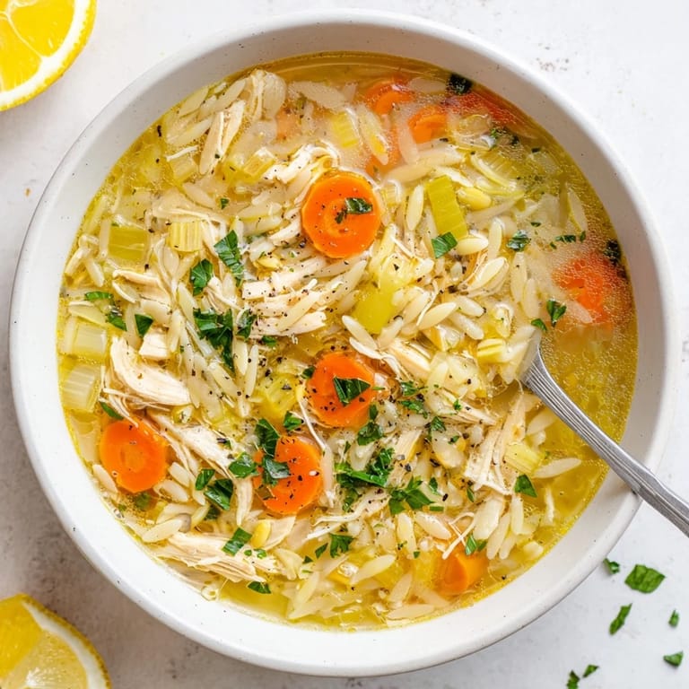 A spoon lifts rich Lemon Pepper Chicken Orzo Soup from a bowl, with carrots and celery.