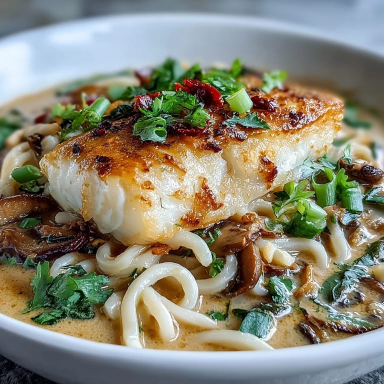Silky udon noodles and tender cod in spicy coconut broth, garnished with green onions and served steaming in a ceramic bowl.