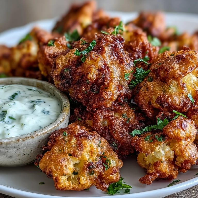 Freshly fried Cauliflower Bhajis served hot alongside a vibrant mint yogurt sauce.