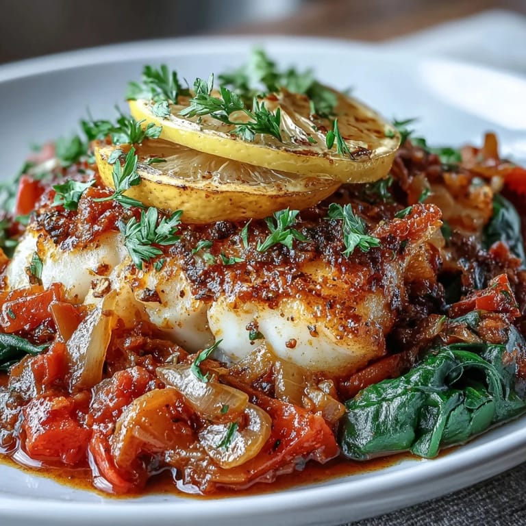 Easy Mediterranean Spiced Cod One Pot served in a rustic bowl with a lemon wedge and herbs.