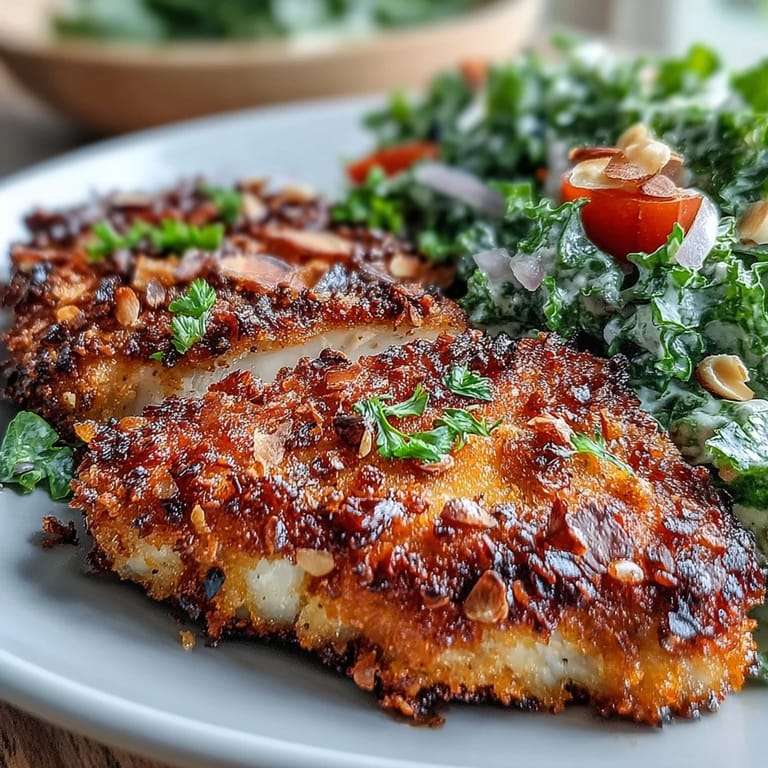 Juicy almond-crusted chicken plated with marinated kale and sumac salad, garnished with red onion and toasted slivered almonds.