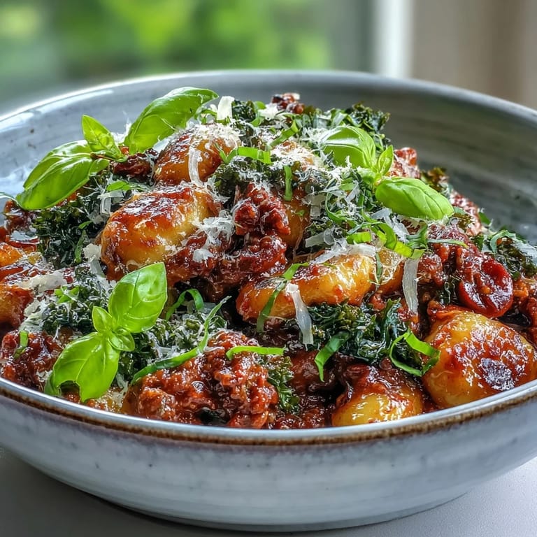 Hearty Sausage Gnocchi with Kale tossed in a spicy tomato sauce, with wilted kale and steam rising from the skillet.