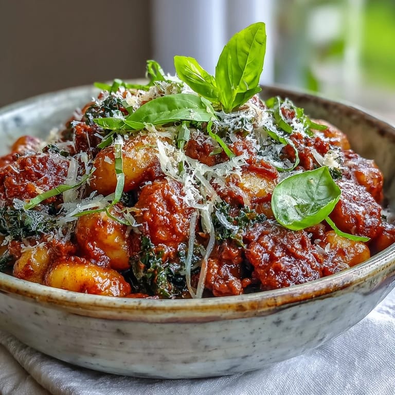 Close-up of Sausage Gnocchi with Kale showing pillowy dumplings and spicy crumbles coated in a rich sauce, ready to eat.