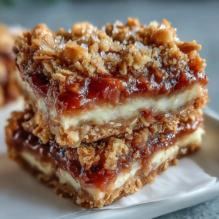 Perfectly sliced Rhubarb and Custard Crumble Bars display vibrant rhubarb ribbons and rich custard, ready for a springtime dessert plate.