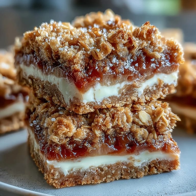 Golden brown Rhubarb and Custard Crumble Bars rest on a wire rack, revealing buttery oat crumble and smooth custard filling.