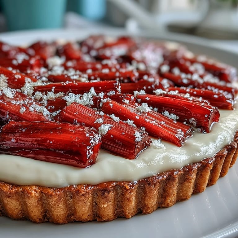 Overhead view of the whole Rhubarb, White Chocolate, and Elderflower Tart garnished with chopped pistachios on a marble surface.