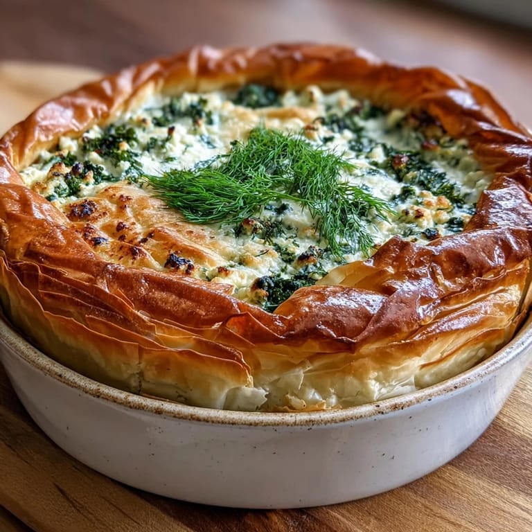 A savory Turkish-inspired Feta and Kale Börek, cut to show a fluffy, custardy interior and golden, shatteringly crisp filo top.
