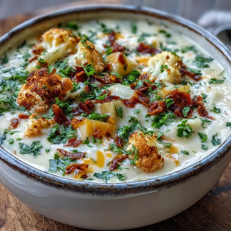 Hearty Vegetarian Cauliflower Chowder garnished with cheddar and red pepper flakes, served in rustic bowls.