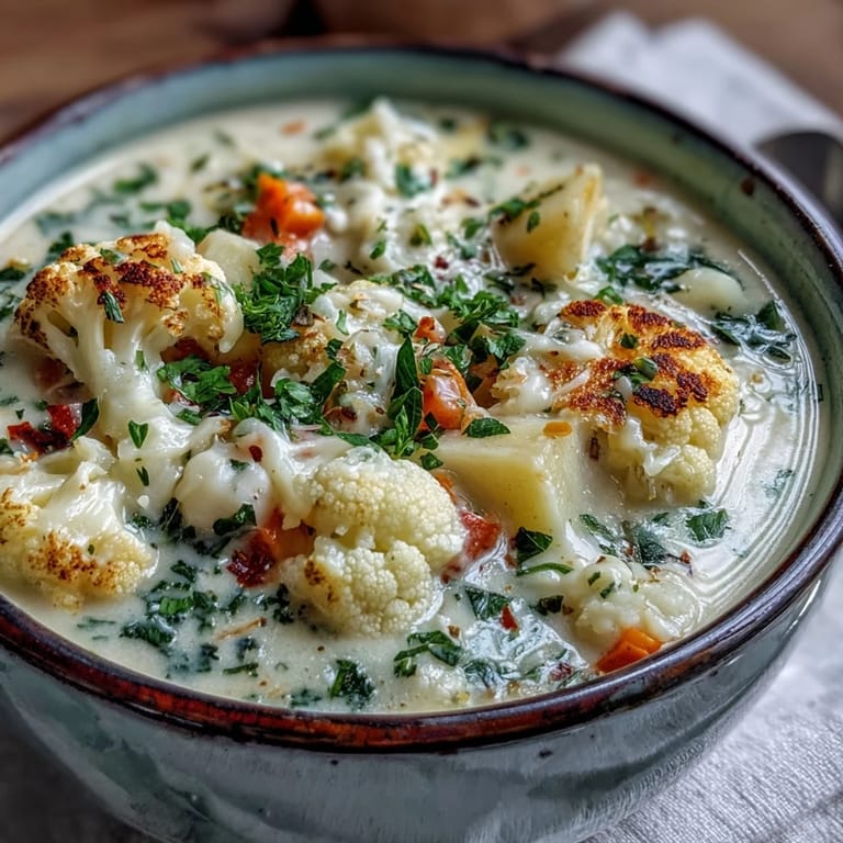 Steaming bowl of Vegetarian Cauliflower Chowder featuring tender potatoes and carrots in a rich broth.