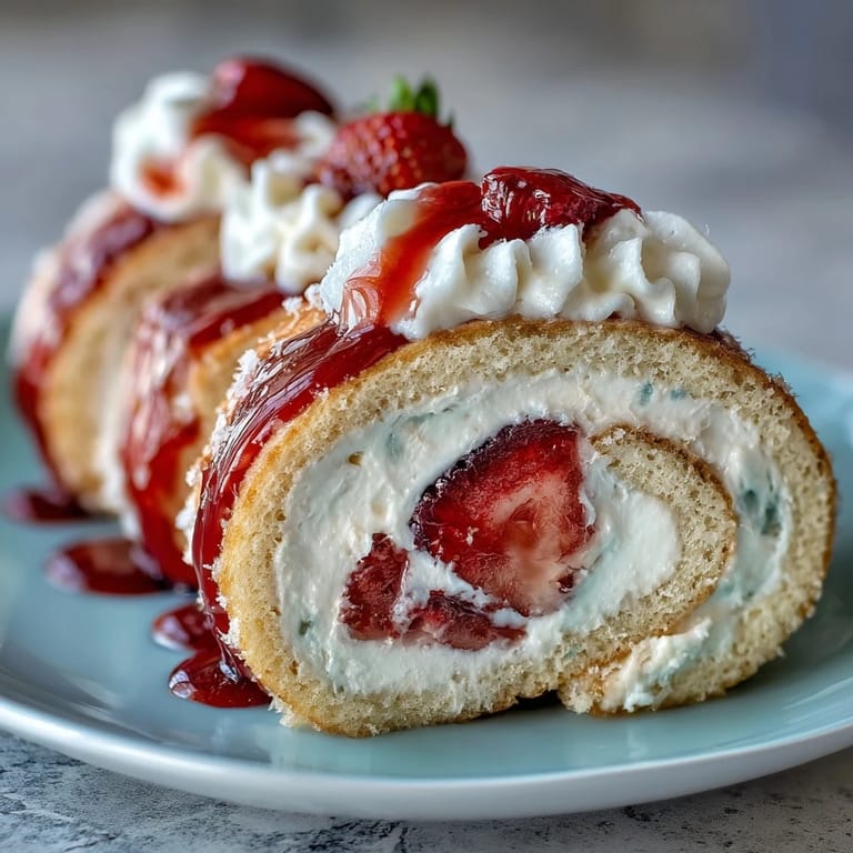 A hand holds a Strawberry Shortcake Sushi Roll piece above a platter drizzled with white chocolate.
