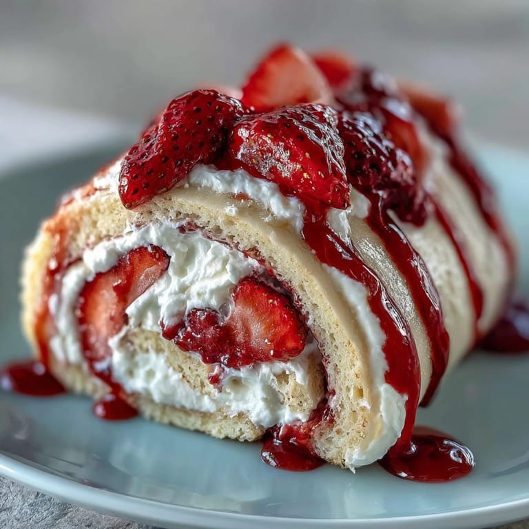 Close-up of Strawberry Shortcake Sushi Roll cross-section reveals fluffy sponge cake ribbons and juicy strawberry slices.