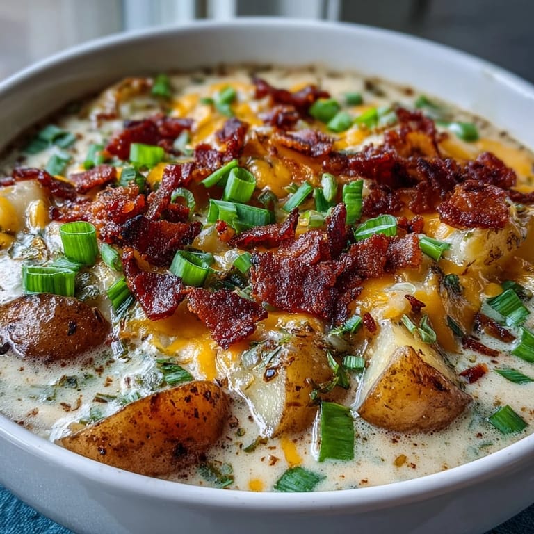 Velvety Loaded Potato Soup steaming in a white bowl, garnished with green onions and extra cheddar, ready to enjoy.