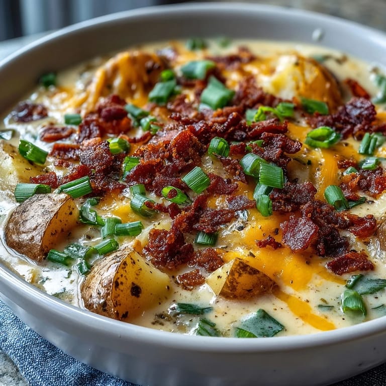 Hearty bowl of Loaded Potato Soup topped with melty cheddar, sour cream, and bacon, served beside crusty bread for dipping.