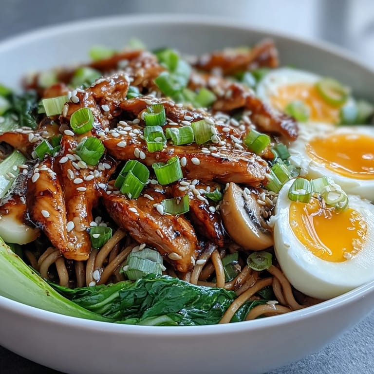 Healthy Miso Chicken Noodle Bowls topped with halved soft-boiled eggs and sesame seeds, ready to enjoy.
