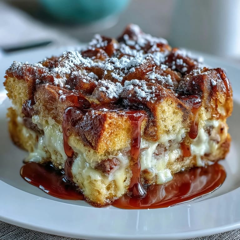 Sliced serving of Monte Cristo Breakfast Casserole showing fluffy egg and Swiss cheese layers.